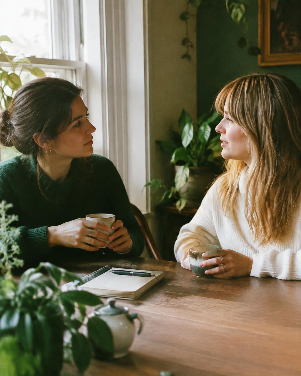 Two women in conversation over tea