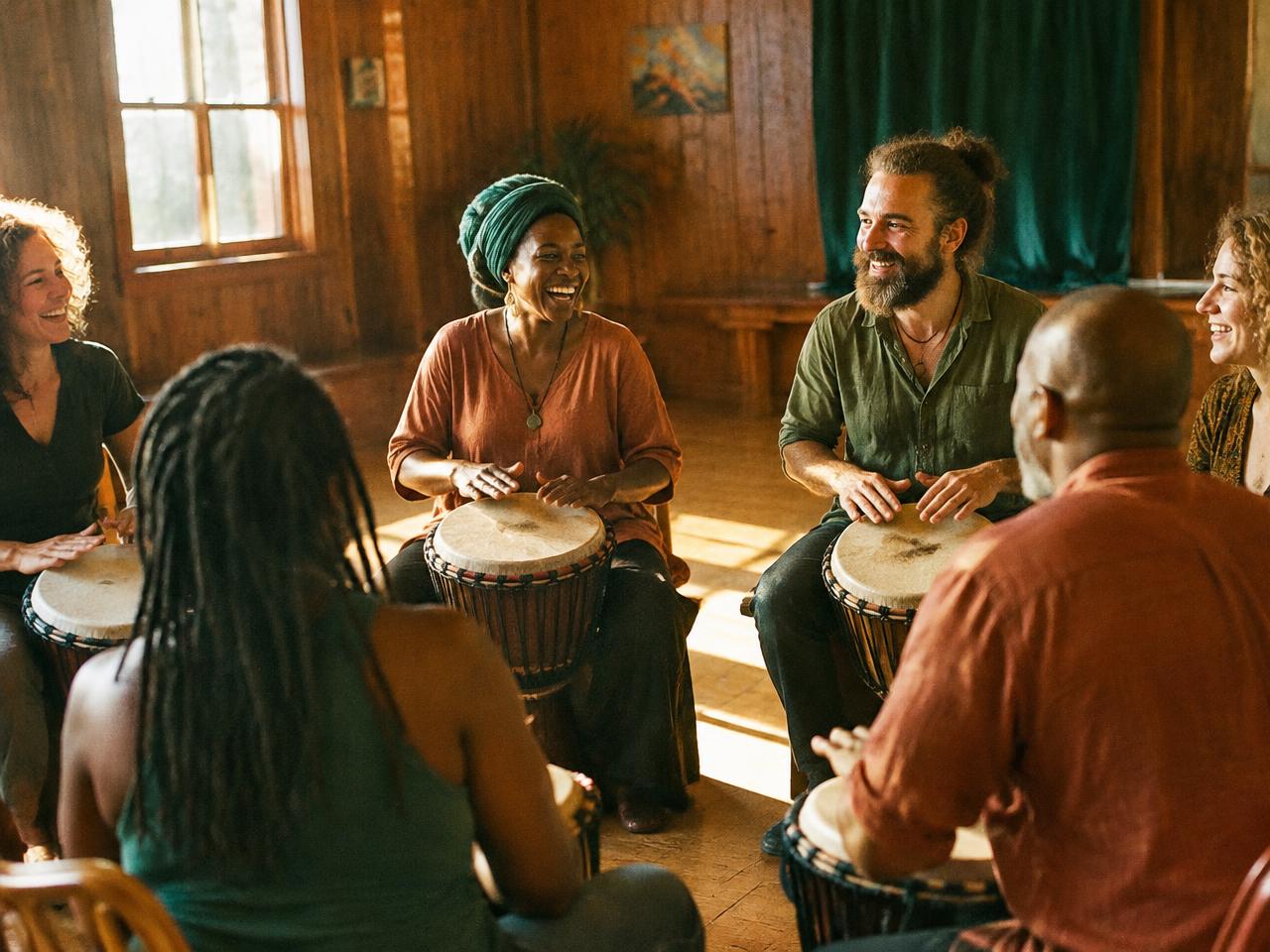 A group drumming together and laughing
